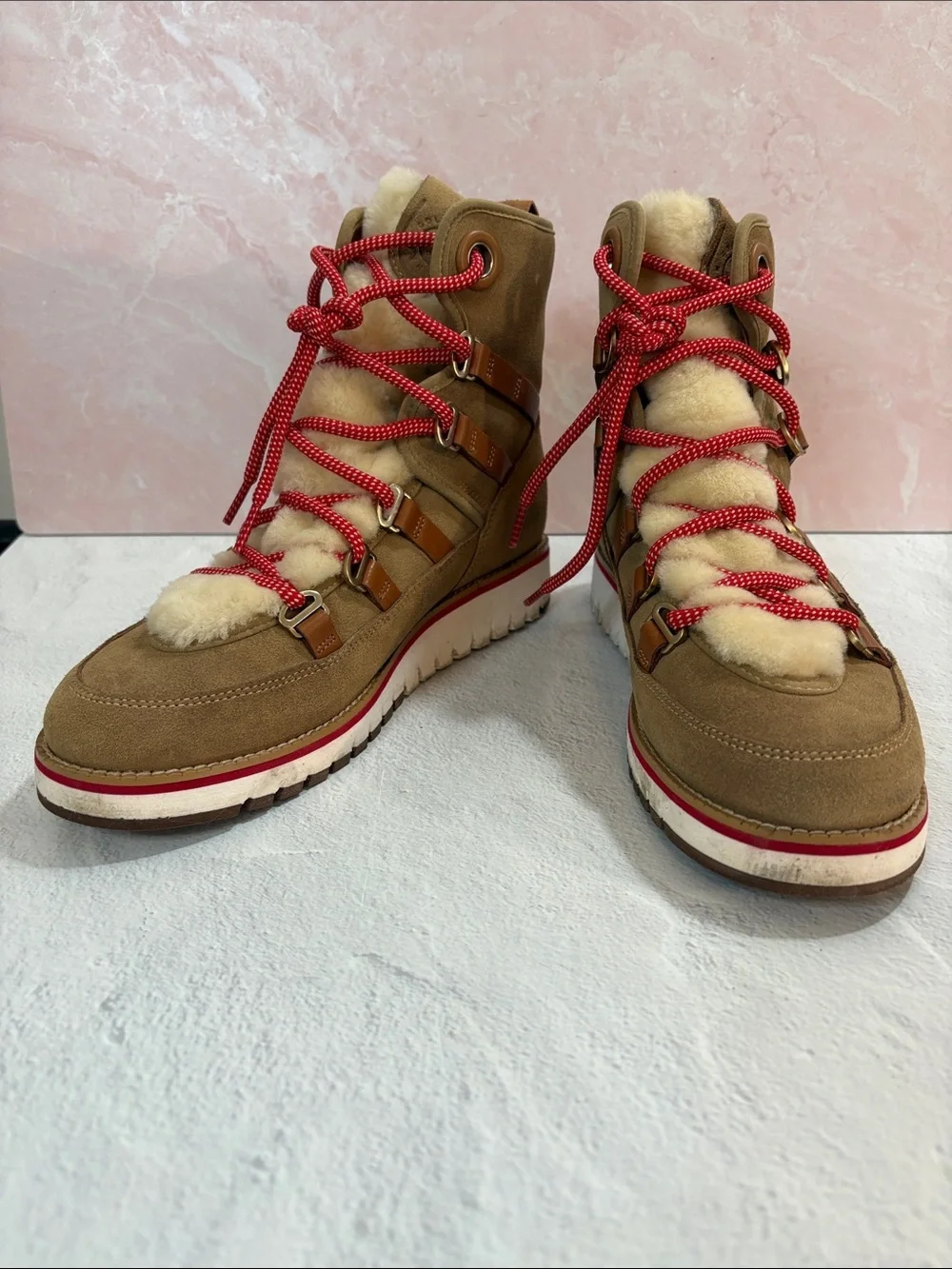 Cole Haan Tan Suede Shearling-Trim Winter Hiker Boots with Red Laces